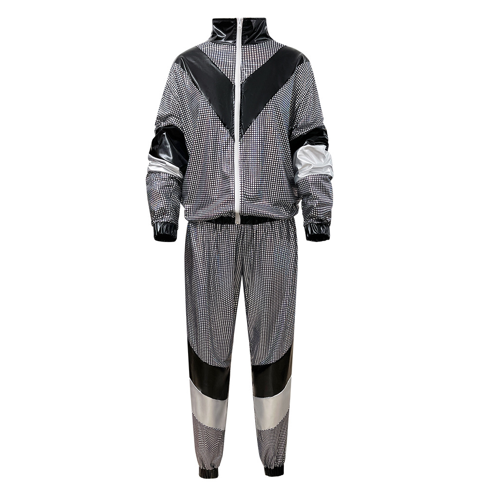 Womens Hip Hop Dance Costume Set 80s Disco Sportswear Two Piece Set Tracksuit